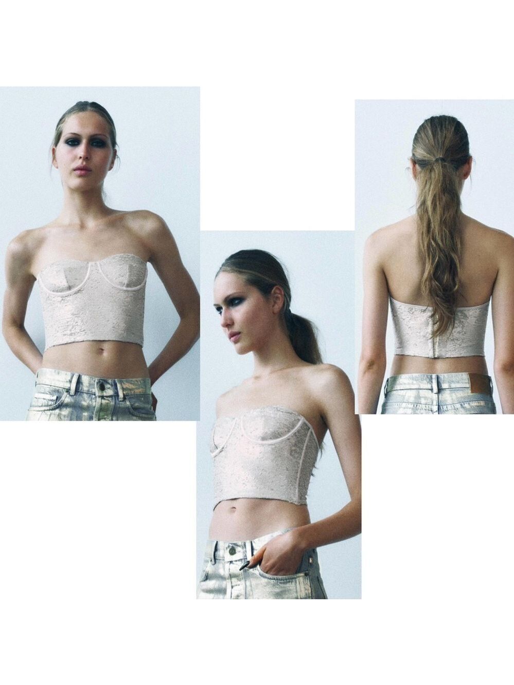 Zara cream champagne sequin corset bustier strapless crop top sparkly Sz S